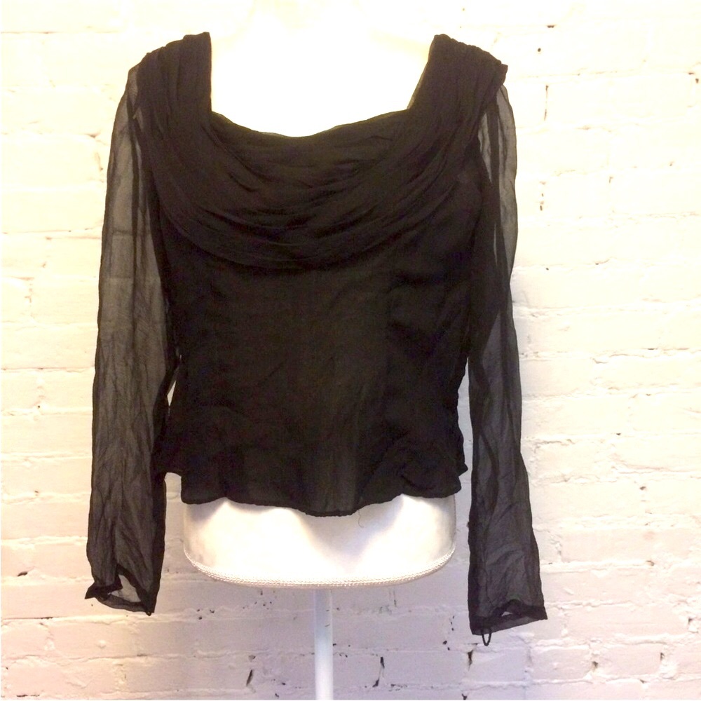 Balmain vintage 60s ruched silk blouse wide neck sheer black m